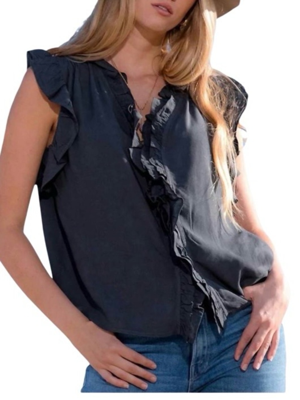 Dylan Navy Blue Ruffle V-Neck Sleeveless Top Size M
